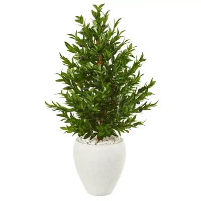 nearly natural 3.5-ft. UV Resistant Olive Cone Topiary Artificial Tree in White Planter