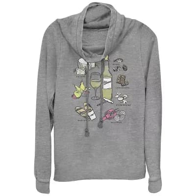 Women's White Wine Complements Cowlneck Graphic Lightweight Long Sleeve