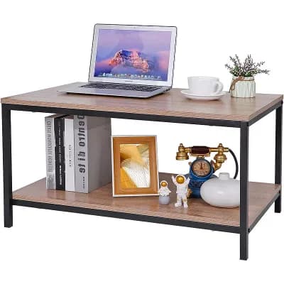 Rectangle Living Room Coffee Table with Wooden Top, Lower Storage Shelf, and Compact Design