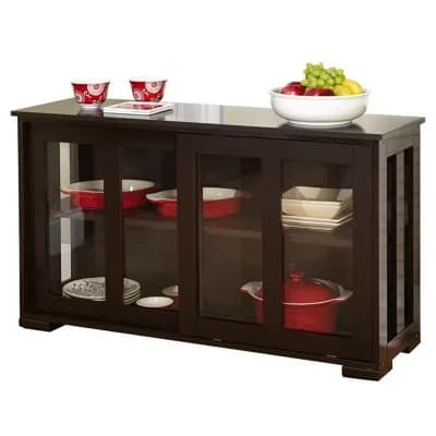 Espresso Sideboard Buffet Cabinet with Glass Sliding Doors & End Cabinets for Kitchen, 42 in