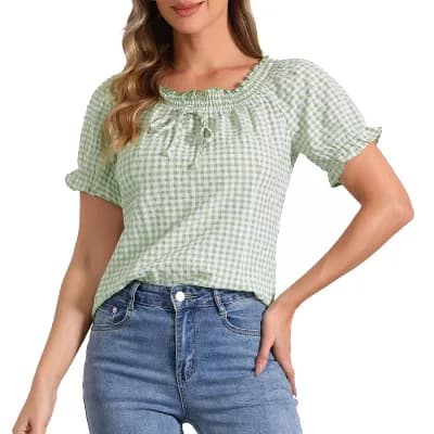 Gingham Plaid Blouse for Woman's Peasant Round Neck Ruffles Puffy Sleeve Top