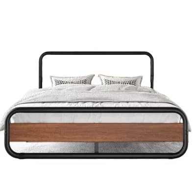 Full Heavy Duty Industrial Modern Metal Wood Platform Bed Frame With Headboard