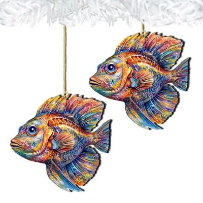 Nautical Christmas Decor - Colorful Fish Wooden Ornaments Set Of 2 By G.debrekht