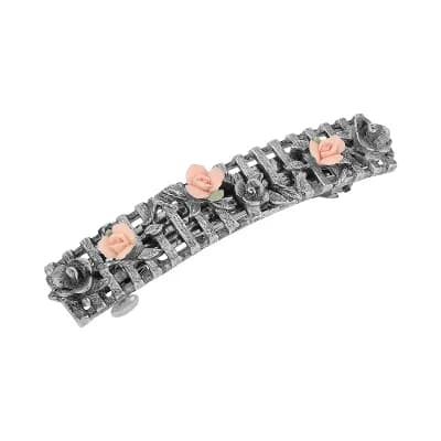 1928 Silver Tone Pink Porcelain Flowers Hair Barrette