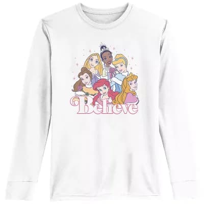 Disney Princess Ariel, Rapunzel, Tiana, Belle, Cinderella & Aurora Believe Girls 7-16 Long Sleeve Graphic Tee