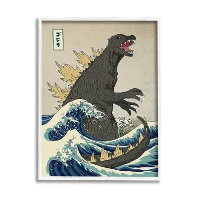 Stupell Home Decor Godzilla in the Waves Eastern Poster Framed Wall Art