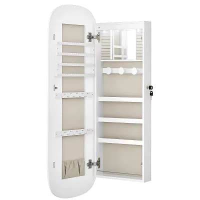 Led Jewelry Cabinet Wall-door Mounted, Lockable Rounded Wide Mirror With Storage