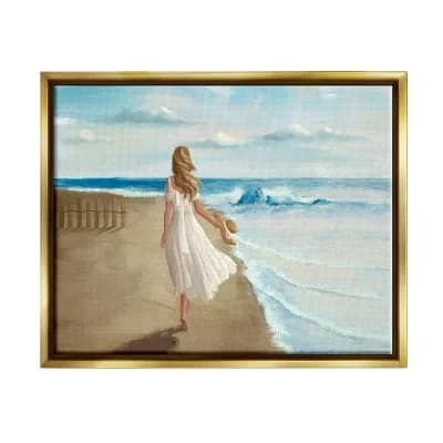 Stupell Home Decor Walk On The Beach Blue Ocean Painting Metallic Frame Wall Art