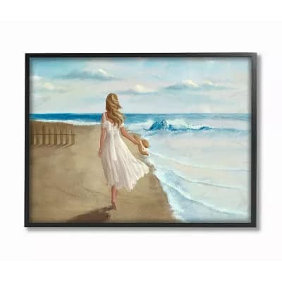 Stupell Home Decor Walk On The Beach Blue Ocean Painting Framed Wall Art