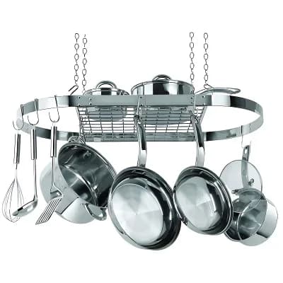 Stainless Steel Ceiling Mount Pot Rack with 8 Hooks, Oval Hanging Cookware Rack for Kitchen Island