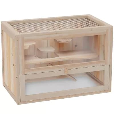 Wooden Hamster Cage - Spacious and Durable Multi-Level Habitat with Secure Wire Mesh for Small Pets