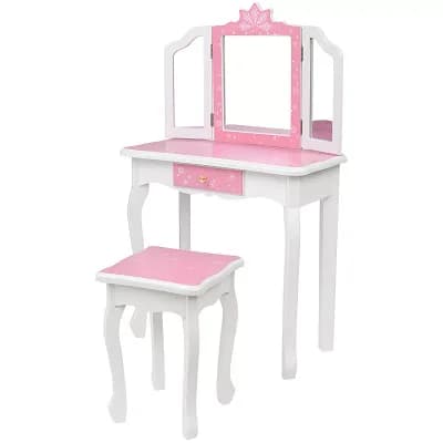 Childrens Wooden Dressing Table Three-sided Folding Mirror Dressing Table Chair Single Drawer