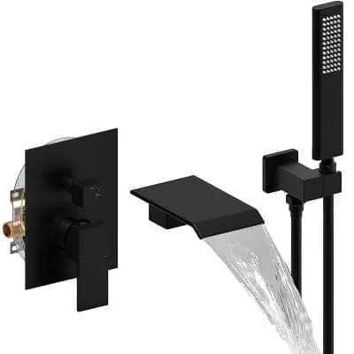Matte Black Waterfall Tub Faucet with Hand Shower - Wall Mount Bathtub Shower System