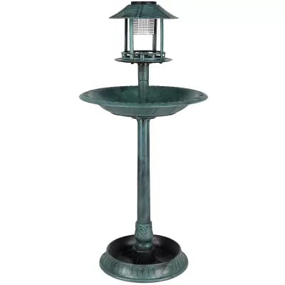 Plastic Round Birdbath With Solar Light - Dark Green