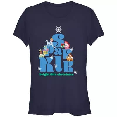 Disney Princess Cinderella, Ariel, Tiana & Belle Sparkle Bright This Christmas Juniors' Fitted Graphic Tee