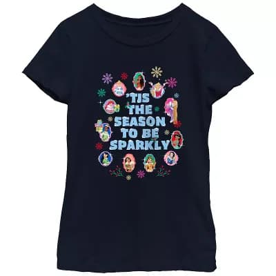 Disney Princess Ariel, Jasmine, Rapunzel, Tiana, Belle, Cinderella, Pocahontas, Aurora, Mulan, Snow White & Moana 'Tis The Season To Be Sparkly Girls 7-16 Graphic Tee