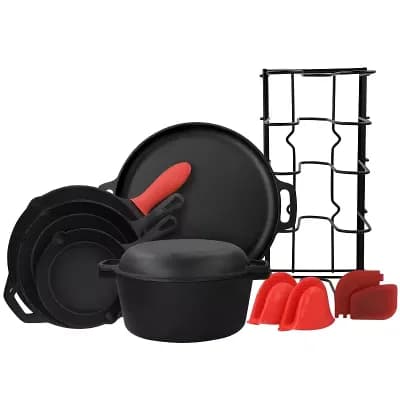 Cast Iron Cookware Set 12 pc Pre-Seasoned Skillet, Dutch Oven, Pizza Pan, & Oven-Safe Accessories