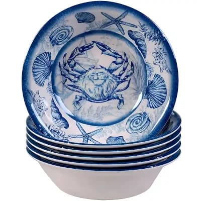 6 pc Blue and White Melamine Salad Bowl Set with Coastal Shell Design