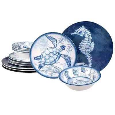 12 pc Blue and White Melamine Dinnerware Set with Ocean Shell Design