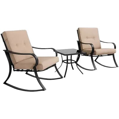 3 pc Outdoor Patio Rocking Chair Set with Cushions & Metal Coffee Table