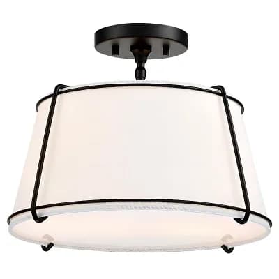 White Fabric Drum Ceiling Light 2-Light Fixture, 15-Inch Semi-Flush with Black Accents
