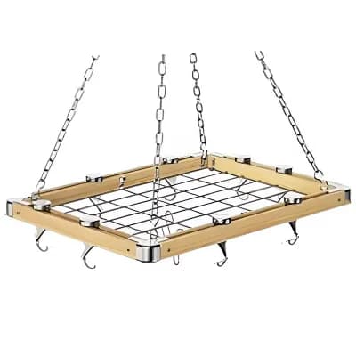 Rectangular Ceiling Pot Rack with Chains and Hooks for Kitchen Cookware Storage 24x18 in Brown