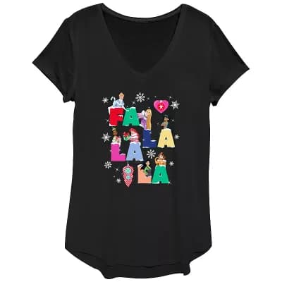Disney Princess Cinderella, Rapunzel, Jasmine, Tiana, Ariel, Mulan & Belle Fa La La La Christmas Singing Women's Graphic Tee