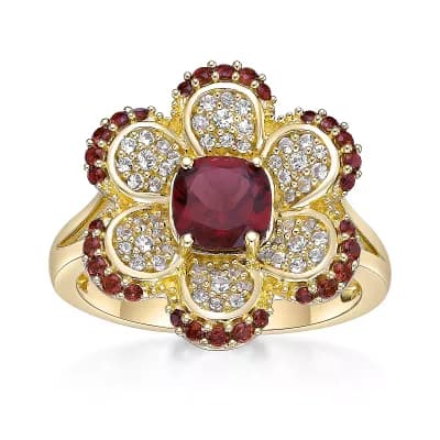 Gemminded 2 Micron Gold Over Silver Garnet & Lab-Created White Sapphire Flower Ring