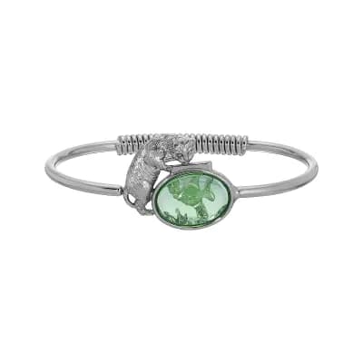 1928 Silver Tone Green Stone Cat & Fishbowl Bracelet