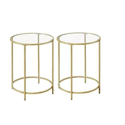 Round Side Table, Glass End Table With Metal Frame, Small Coffee Accent Table, Bedside Table