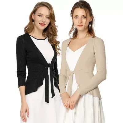 2 Packs Women's Tie Open Front Long Sleeve Knit Metallic Ruffled Crop Cardigan