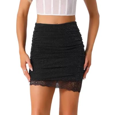 Metallic Glitter Skirt for Women's Party Mesh Lace Hem Shimmer Ruched Bodycon Mini Skirts