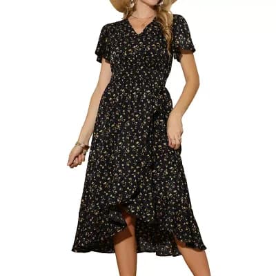 Women's Summer Dresses Flutter Short Sleeve Wrap Ruffle High Low Hem V Neck Floral Midi Dress