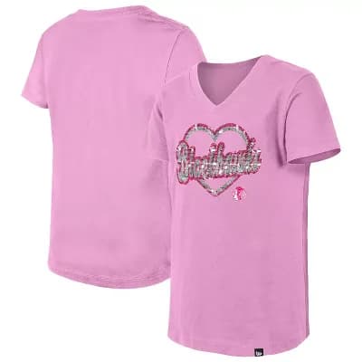Girl's Youth New Era Pink Chicago Blackhawks Flip Sequin V-Neck T-Shirt