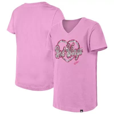 Girl's Youth New Era Pink Detroit Red Wings Flip Sequin V-Neck T-Shirt