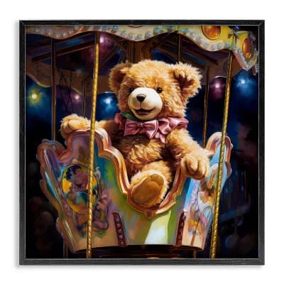 Stupell Home Decor Teddy Bear on Carousel Framed Canvas Wall Art