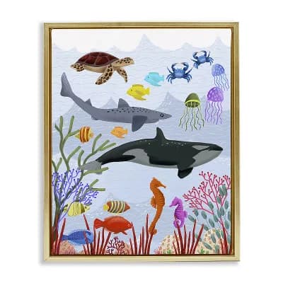 Stupell Home Decor Aquatic Animals Underwater Framed Floating Canvas Wall Art