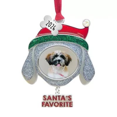 Pet Frame Ornament Dog Head with Santa Hat Frame Santa's Favorite with Crystal and Dated 2026 Bone Charm