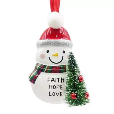 Snowman Faith Hope Love Sentiment Ceramic Ornament