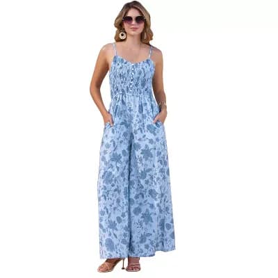 Women's Summer Casual Floral Jumpsuit Sleeveless Smocked Wide Leg Pants Boho Romper Overalls