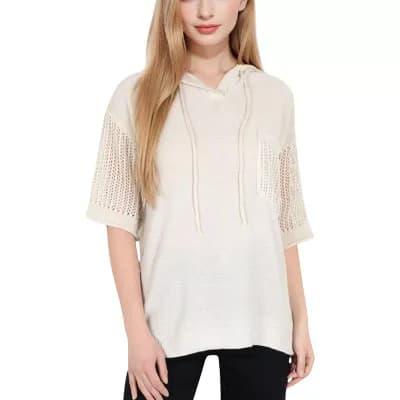 Women's Textured Knit Hooded Pullover with Short Sleeves and Drawstring Detail