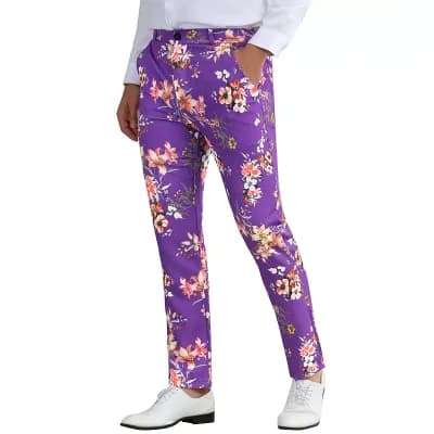 Floral Printed Pants for Men Contrasting Colors Flat Front Flower Pattern Dress Pants