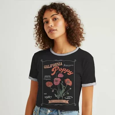 Juniors' Grayson Threads The Label California Poppy Farm Fresh Graphic Ringer Baby Tee