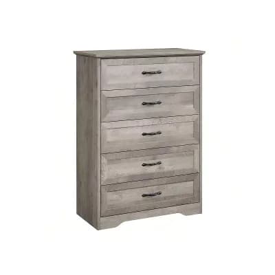 Wood Dresser with 5 Drawers, Tall Storage Cabinet with Large Drawers & Metal Handles,Gray+Brown