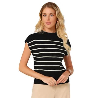 Women's Cap Sleeve Sweater Vest Mock Neck Striped Print Casual Ribbed Knit Pullover Tops