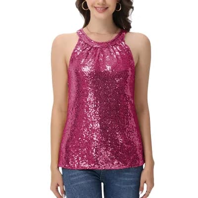 Women's Sleeveless Sequin Halter Top with Pleated Neckline and Sparkling Finish
