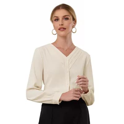 Women's Button Down Blouse Pleated V Neck Long Sleeve Business Casual Shirt Top