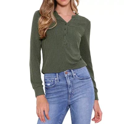 Notched Collar Tops for Women Button Down Long Sleeves Wavy Lines Casual Top