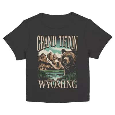 Juniors' Grand Teton Wyoming Mountains And Bear Graphic Baby Tee