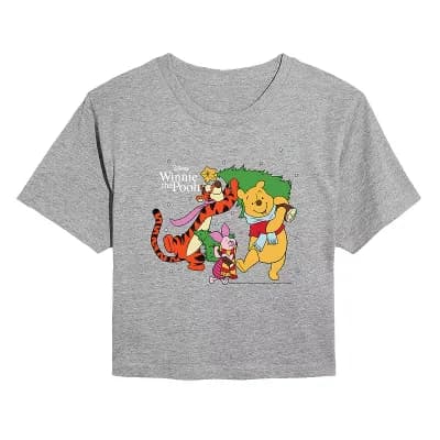 Juniors' Disney's Winnie The Pooh Christmas Tree Cropped Tee